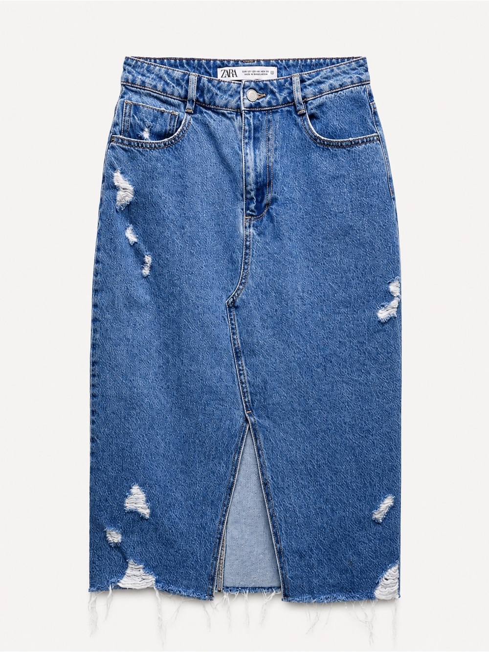Distressed Denim Midi Skirt Front Slit Raw Hem Zara Size Small